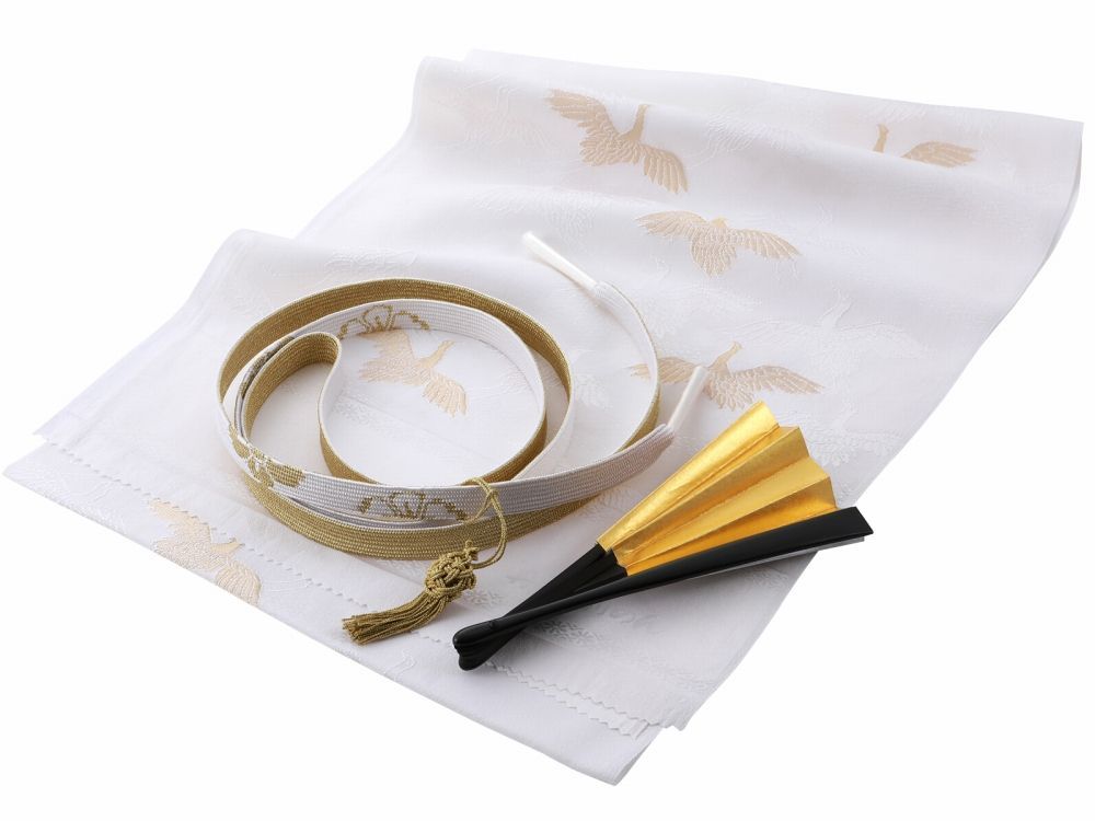 縫取 留袖用 正絹 丹後ちりめん 帯揚げ 帯締め 扇子 金の亀 4点セット ツル ti-36 帯締めsi-8-4