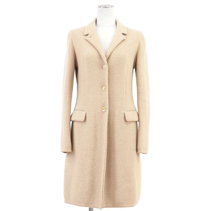 Loro Piana ロロピアーナ コート ニット カシミヤ ハニカム編み シグネチャー ロゴ ボタン スエードパイピング フラップポケット テーラード ロングジャケット アウター レディース サイズ 38 キャメル イタリア製