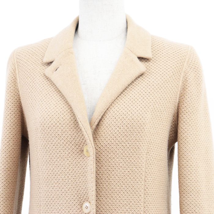 Loro Piana ロロピアーナ コート ニット カシミヤ ハニカム編み シグネチャー ロゴ ボタン スエードパイピング フラップポケット テーラード ロングジャケット アウター レディース サイズ 38 キャメル イタリア製