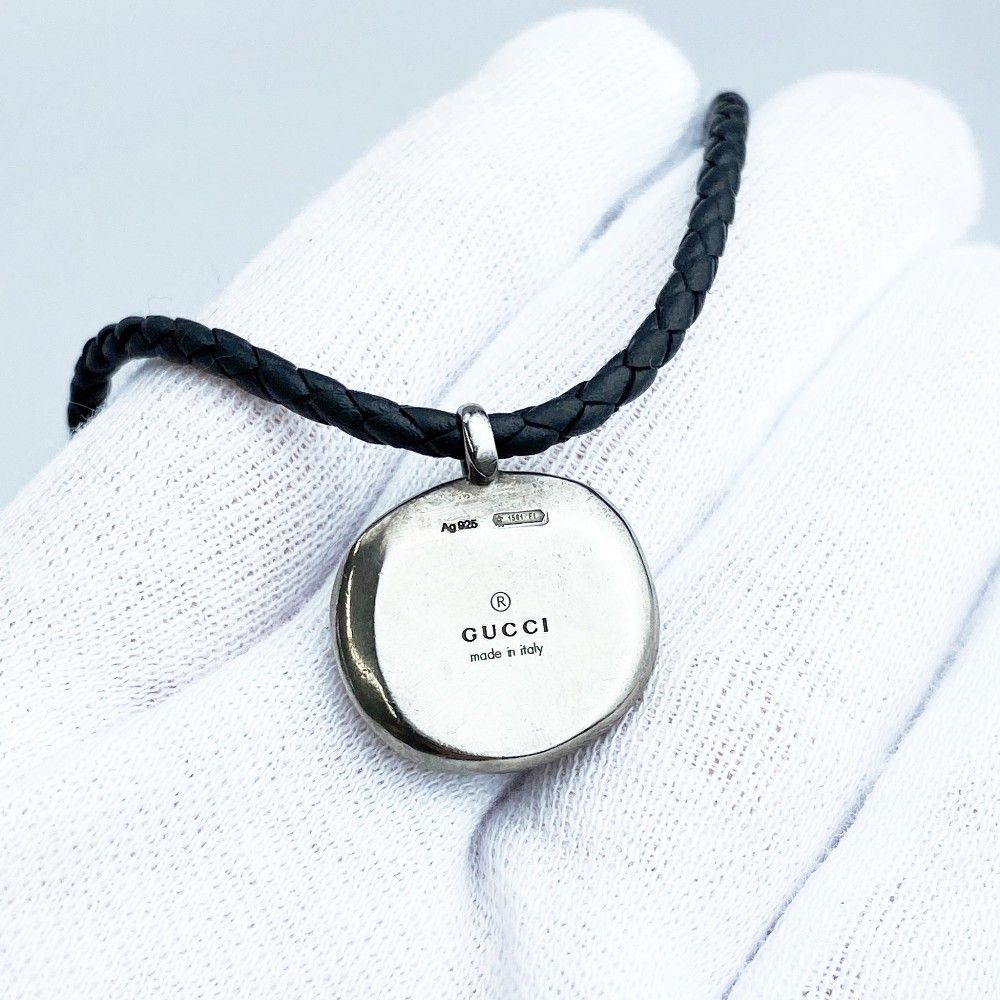  ヴィンテージ グッチ クレスト 紋章 エンブレム ネックレス 紐 シルバー ブラック SV 925 レザー 箱 466526 11 ネックレス アクセサリー