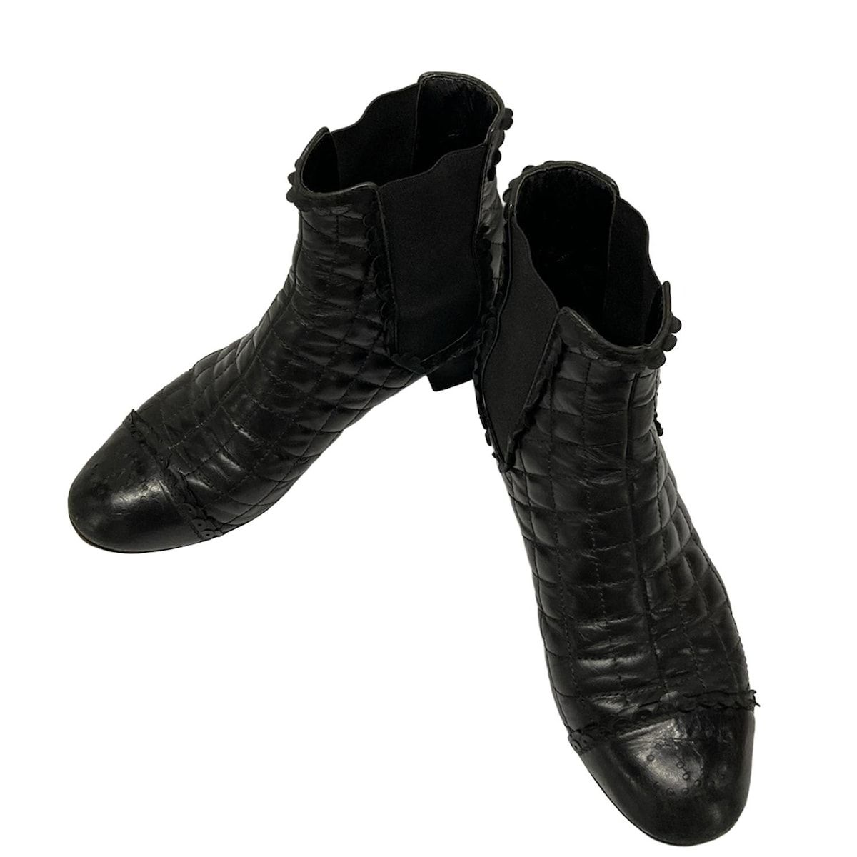 CHANEL シャネル ショートブーツ 37 レディース マトラッセ 黒 サイドゴア アウトソール張替済 ラムスキン