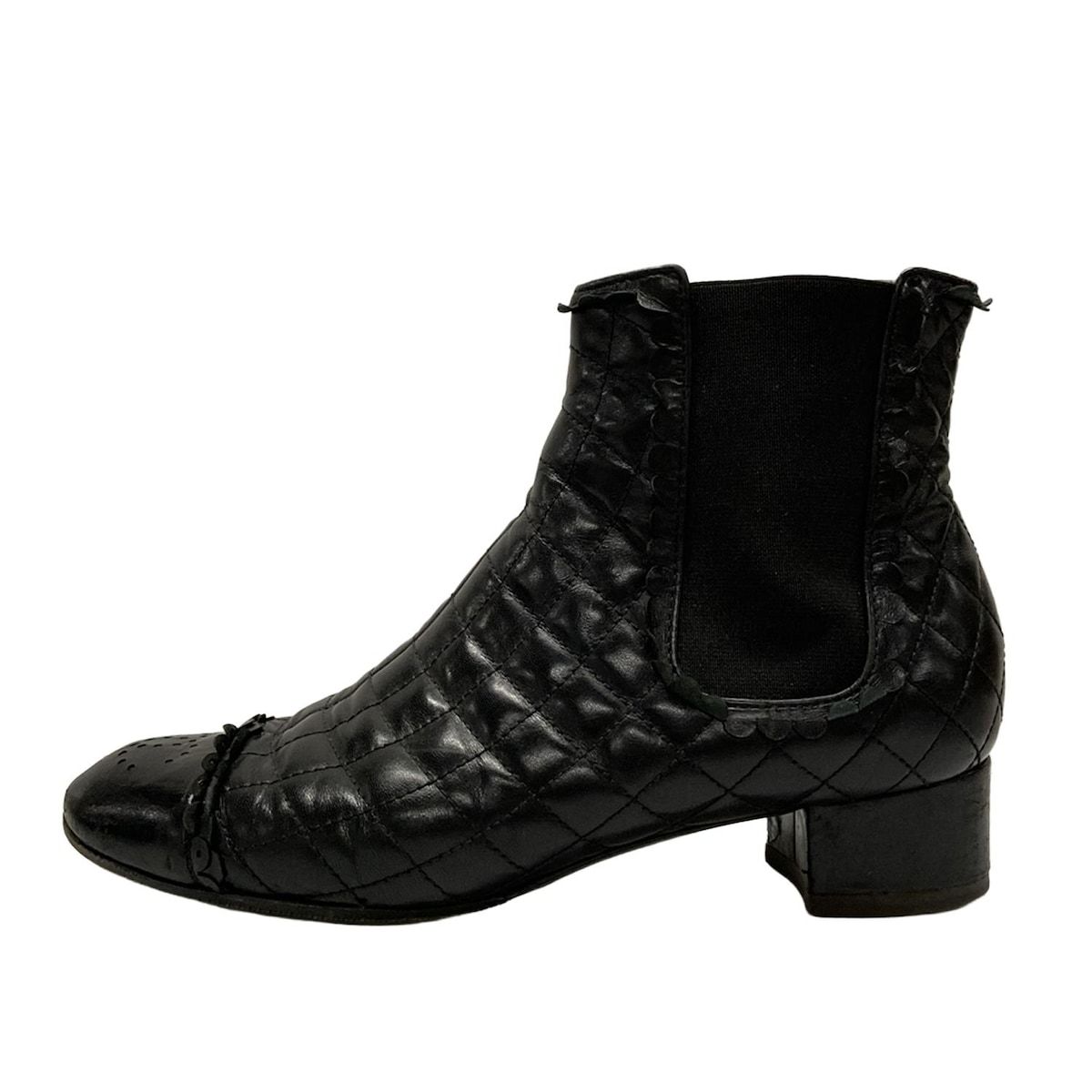 CHANEL シャネル ショートブーツ 37 レディース マトラッセ 黒 サイドゴア アウトソール張替済 ラムスキン