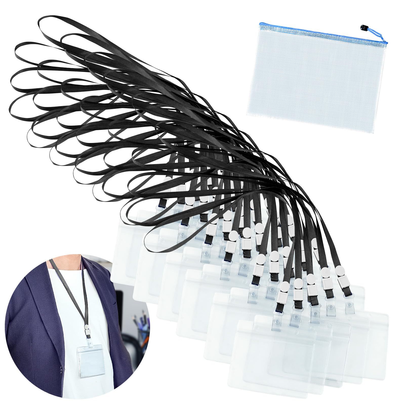 Webirth 名札ホルダー 便利な収納袋つき 交換用名札予備パーツ付属 名札ケース 首下げ 図面ファイル 黒