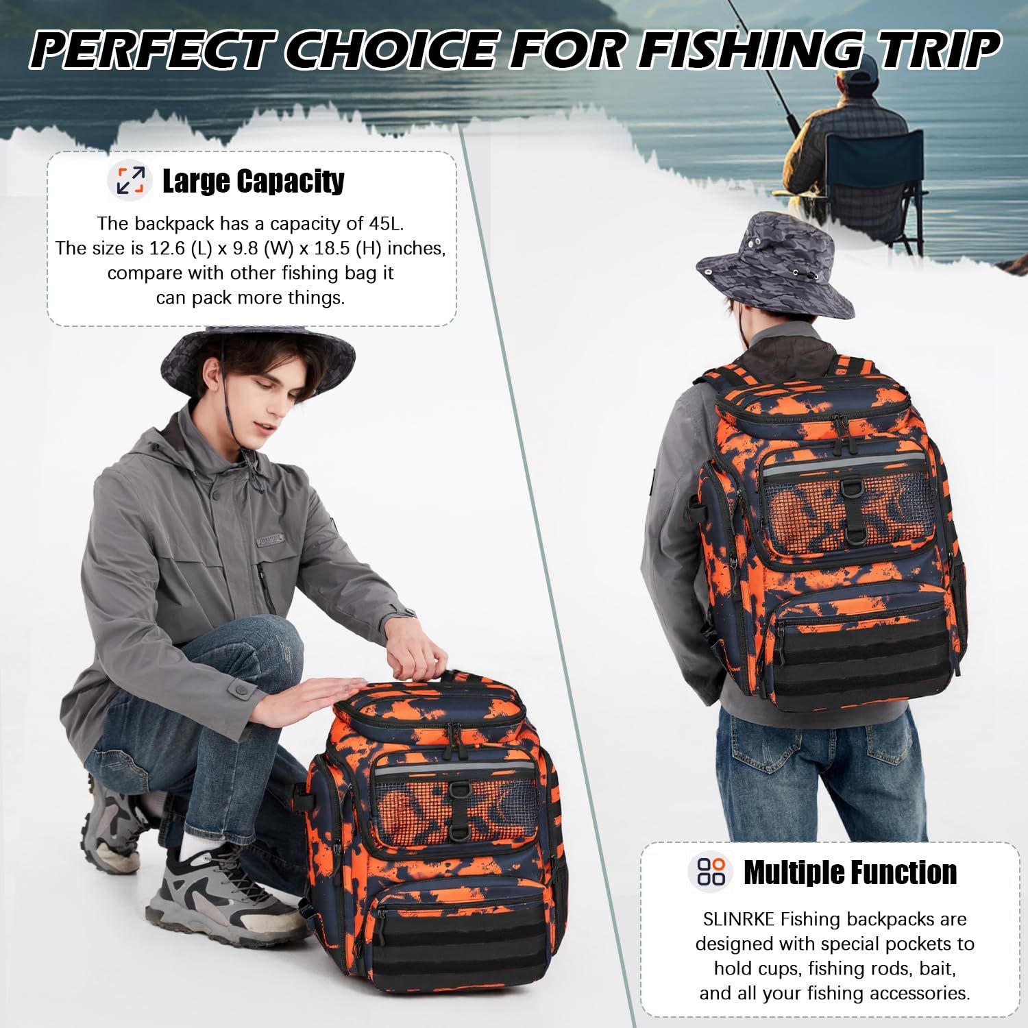 新品 ロッドホルダー付き釣りバックパック - 45L 大型防水フィッシング