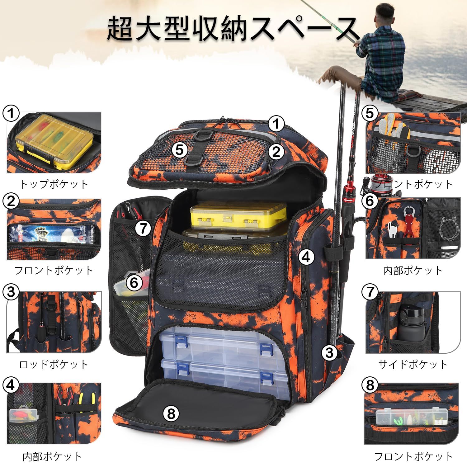 新品 ロッドホルダー付き釣りバックパック - 45L 大型防水フィッシング