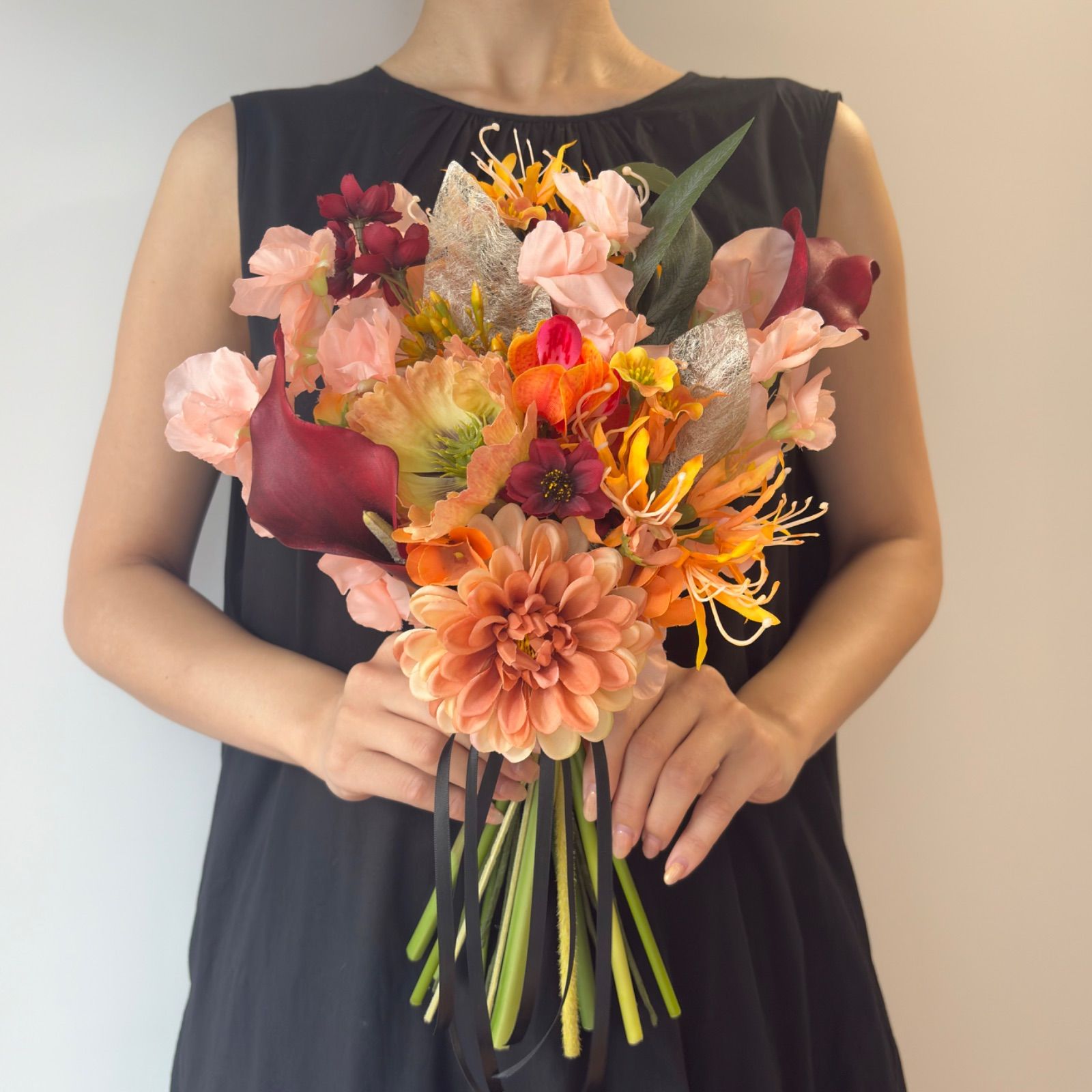 再販なし ブートニア付 ニュアンス 秋の洗練フラワーブーケ オレンジ ボルドー アーティシャルフラワー造花
