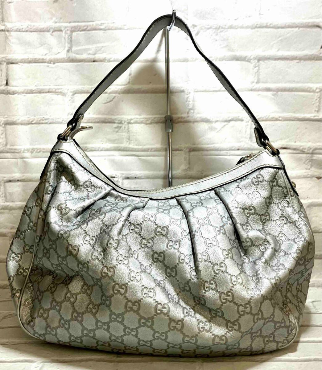 AI鑑定済 GUCCI グッチ シマ レザー ショルダーバッグ 232955 002058 シルバー 保存袋付き