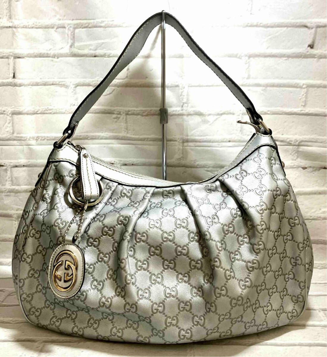 AI鑑定済 GUCCI グッチ シマ レザー ショルダーバッグ 232955 002058 シルバー 保存袋付き