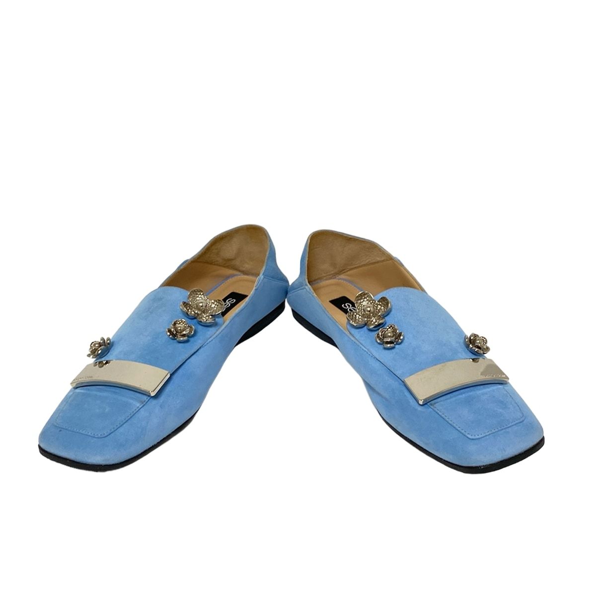 sergio rossi セルジオロッシ スリッポン 35 レディース - ライトブルー×シルバー フラワー 花 アウトソール張替済