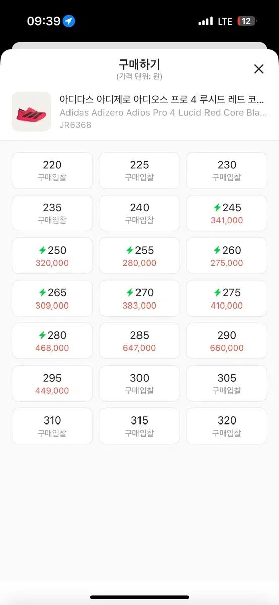 290 アディゼロ アディオス プロ4 レッド