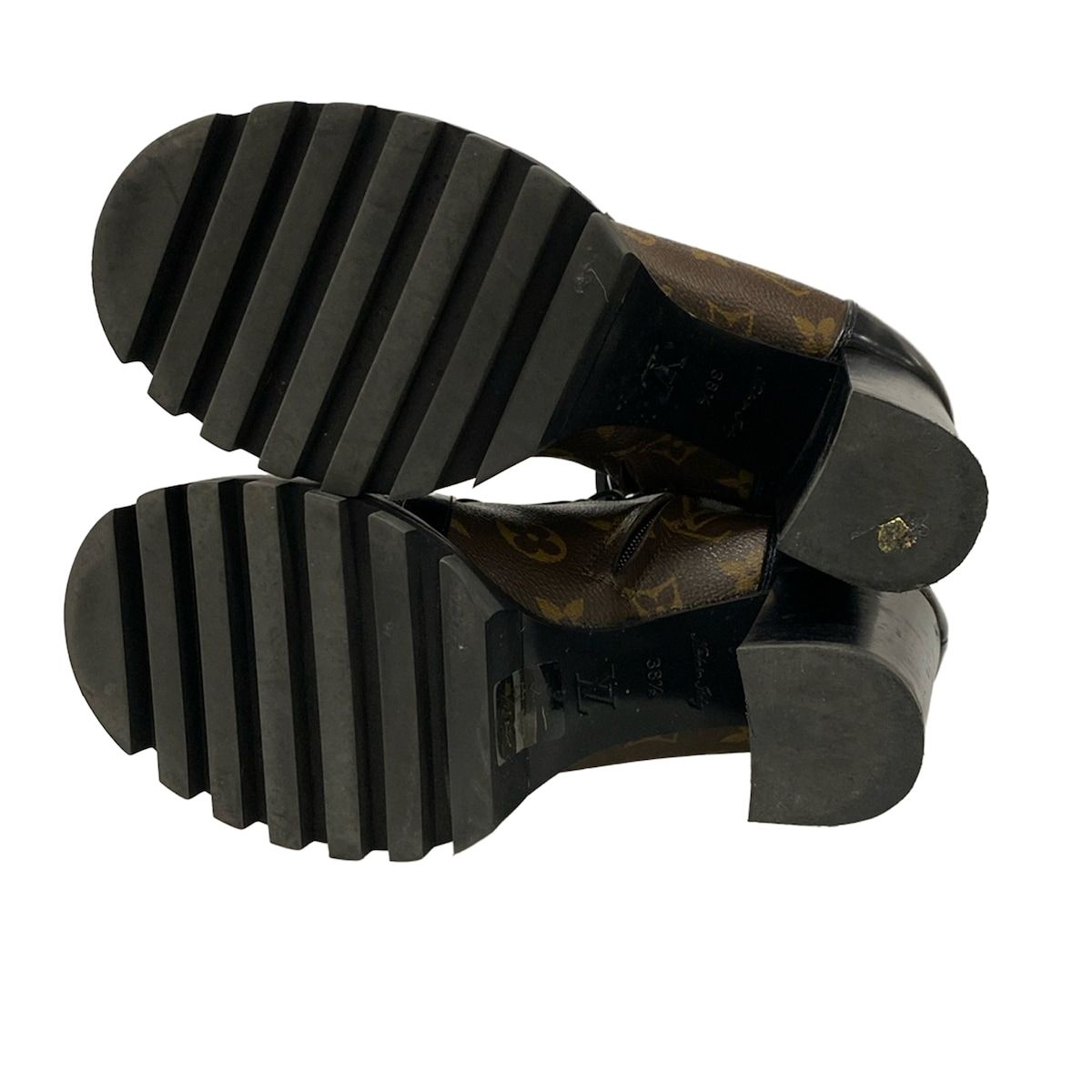  LOUIS VUITTON ルイヴィトン ショートブーツ 38 1 2 レディース - ダークブラウン×黒 レザー ブーティ ブーツ