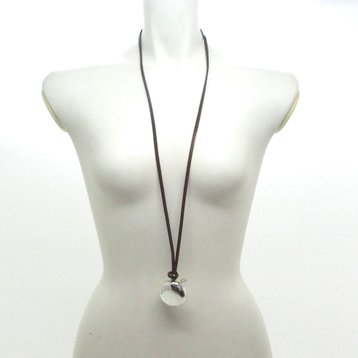 HERMES エルメス ネックレス - レザー シルバー×ダークブラウン パフュームボトル