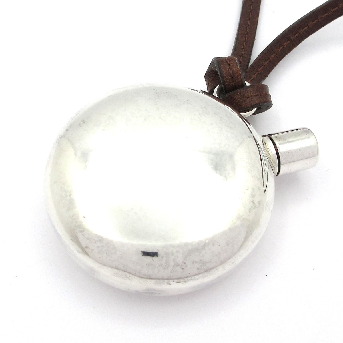 HERMES エルメス ネックレス - レザー シルバー×ダークブラウン パフュームボトル