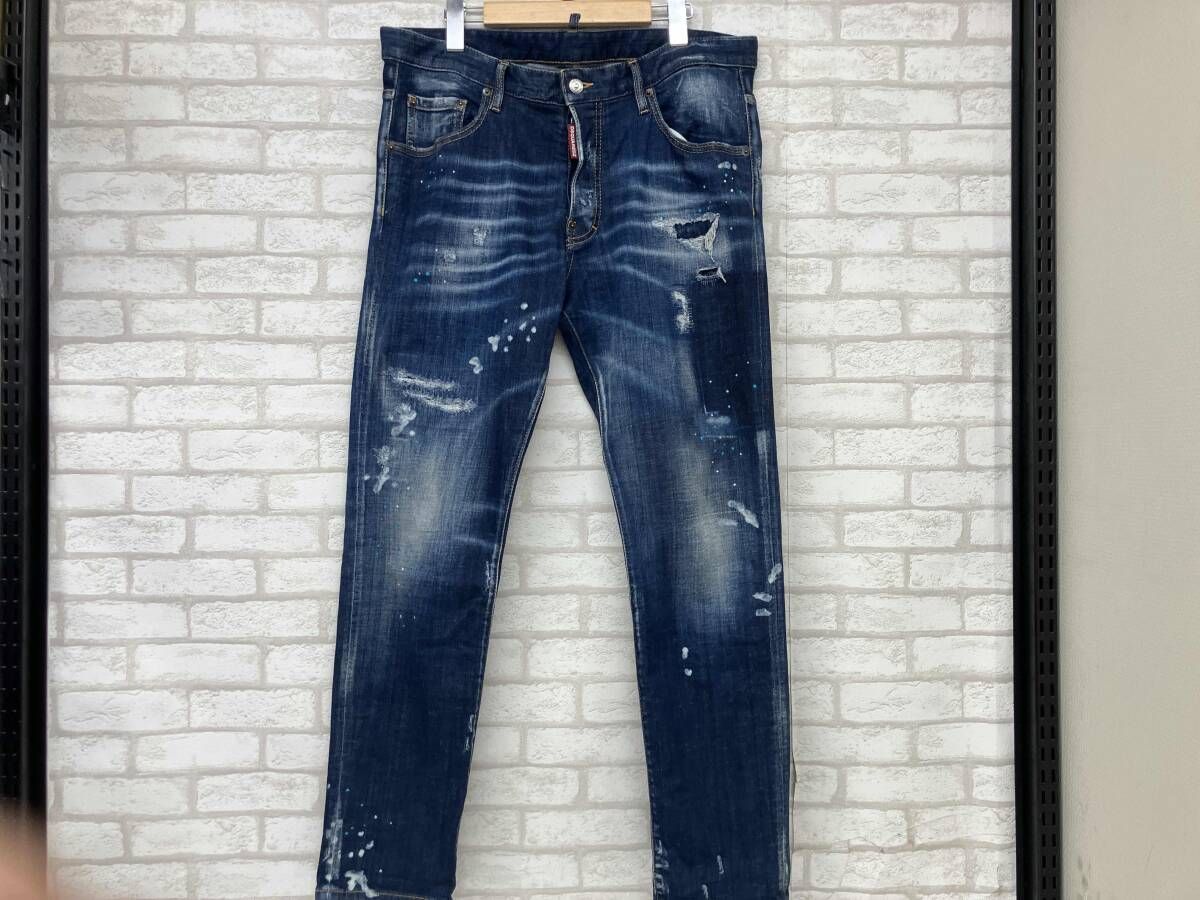 DSQUARED2 S71LB1136 S3034 ディースクエアード ジーンズ メンズ size50 インディゴ ラインストーン ペイント クラッシュ加工 日本