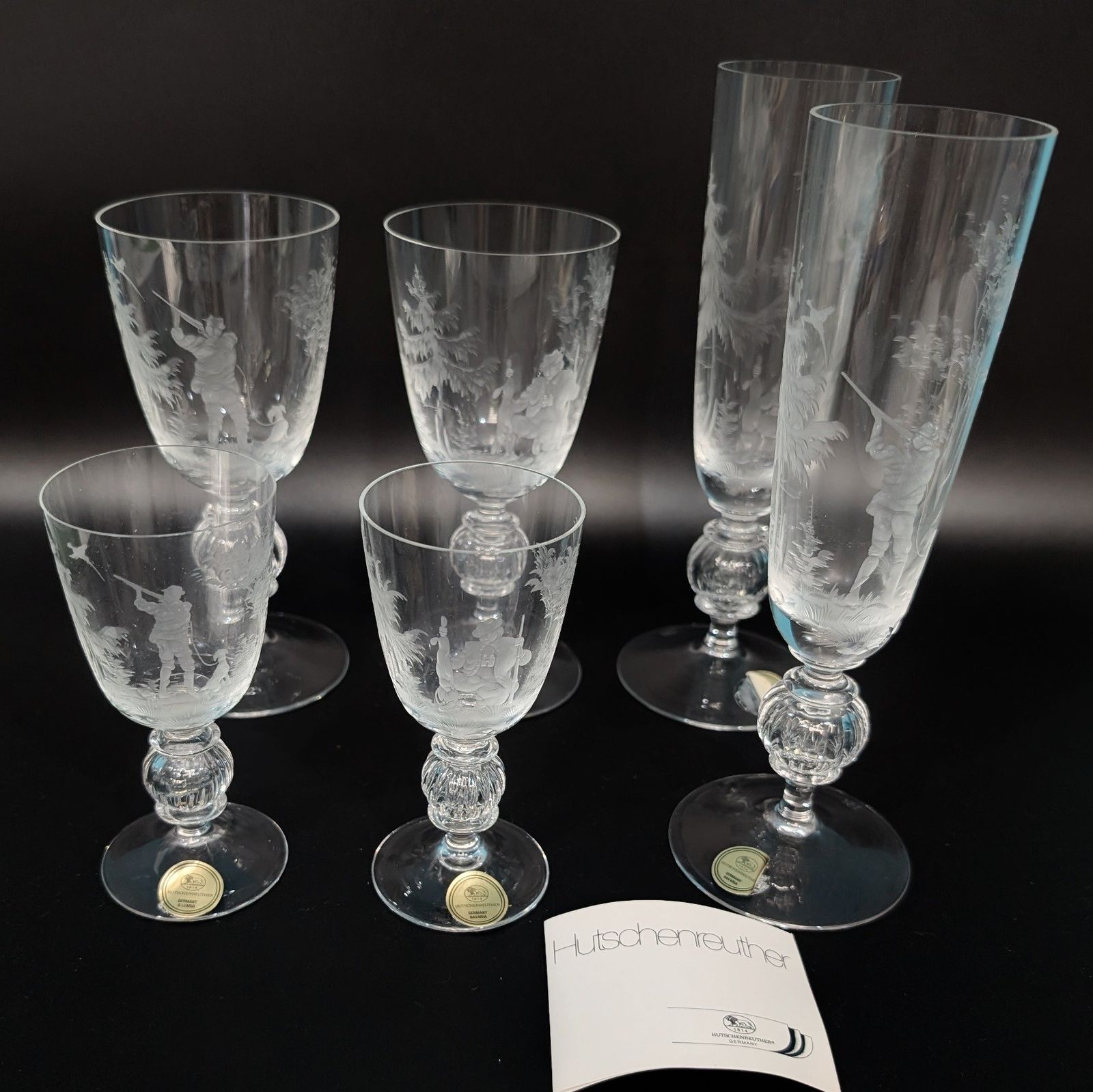 フッチェンロイター ペア ワイングラス ドイツ カット セット HUTSCHENREUTHER 風景彫刻 狩人