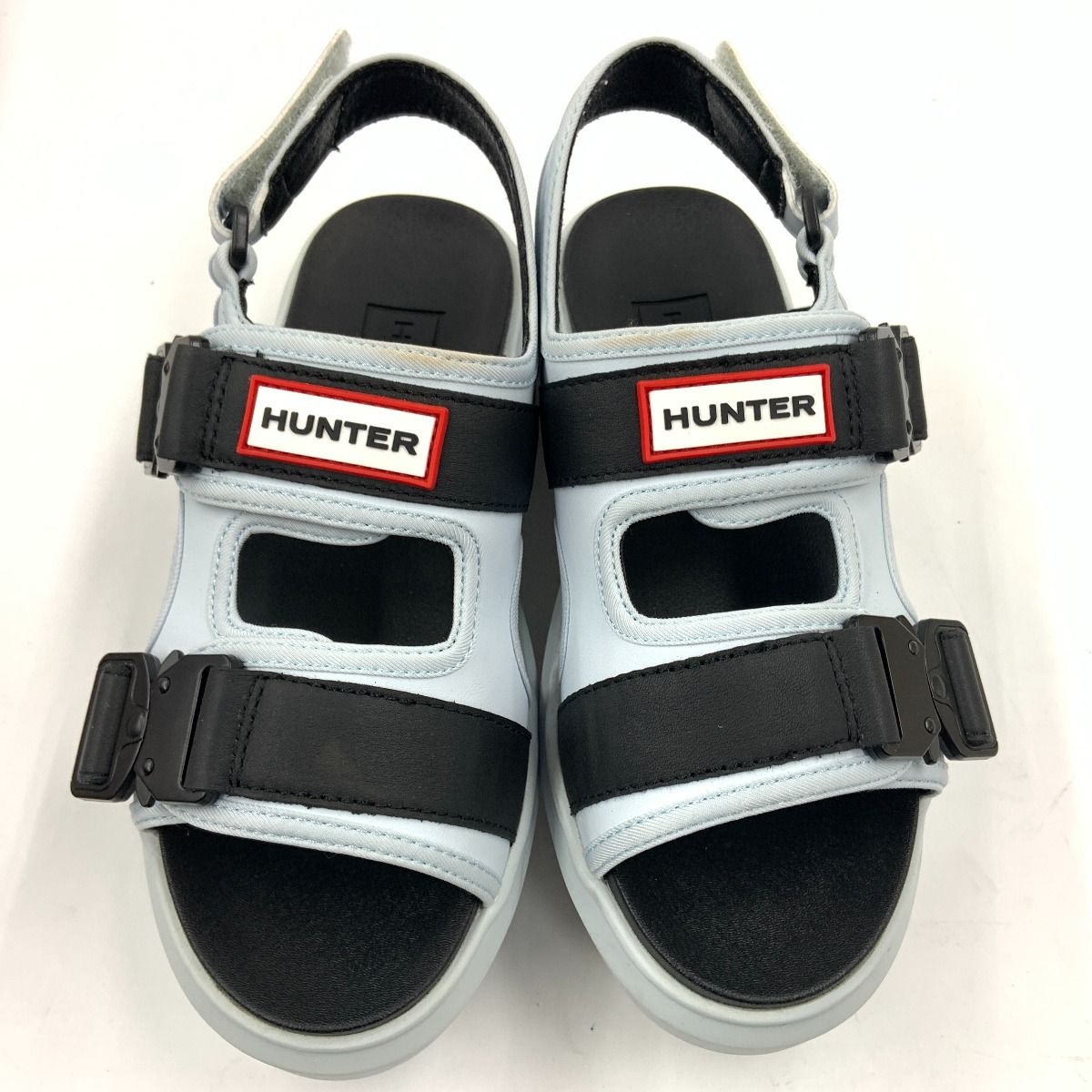 〇〇HUNTER ハンター シティ リベル ネオ レザー バックル サンダル 23 cm相当 ライトブルー ブラック