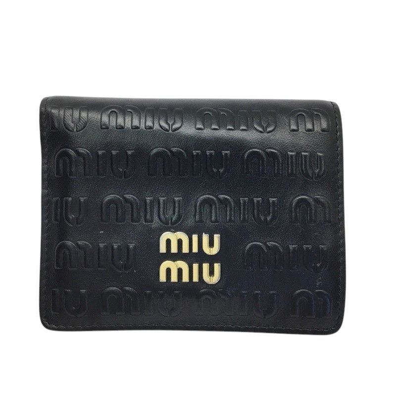 miumiu ミュウミュウ 二つ折り財布 コンパクトウォレット レザー ブラック ゴールド金具 レディース 品 -B 質屋 かんてい局那覇店 n3101961927300006