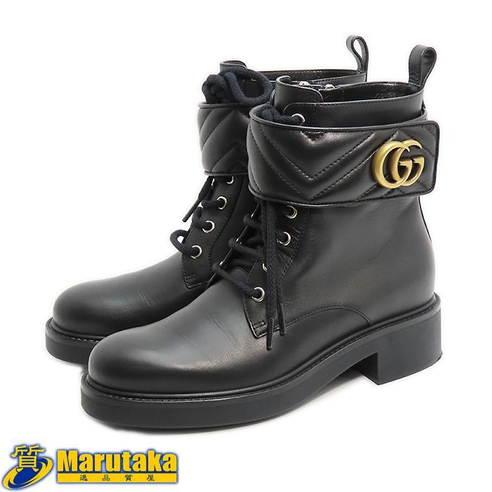 グッチ ショートブーツ レディース 37 約24cm GGマーモント レザー ブラック 670397 キルティング ベルト レースアップ GUCCI 質屋 丸高 甲子園店 人気 ブランド 25k277-1