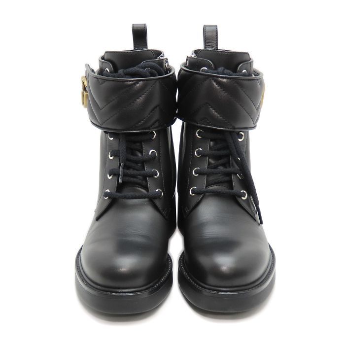 グッチ ショートブーツ レディース 37 約24 cm GGマーモント レザー ブラック 670397 キルティング ベルト レースアップ GUCCI 質屋 丸高 ブランド 25 k 277-1