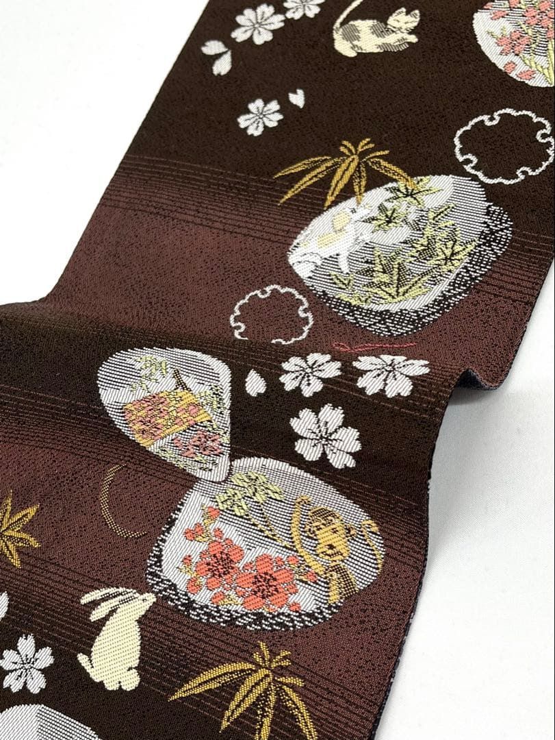 リバーシブル 3way 半幅帯 貝合わせ 猫 兎 動物 袋 鳥 正絹 D057