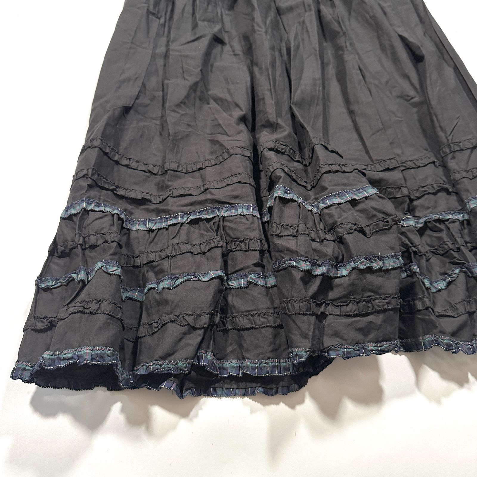 PINK HOUSE ピンクハウス ティアード チェック ロング スカート リボン ピコフリル ブラック GULLKHAN_COM