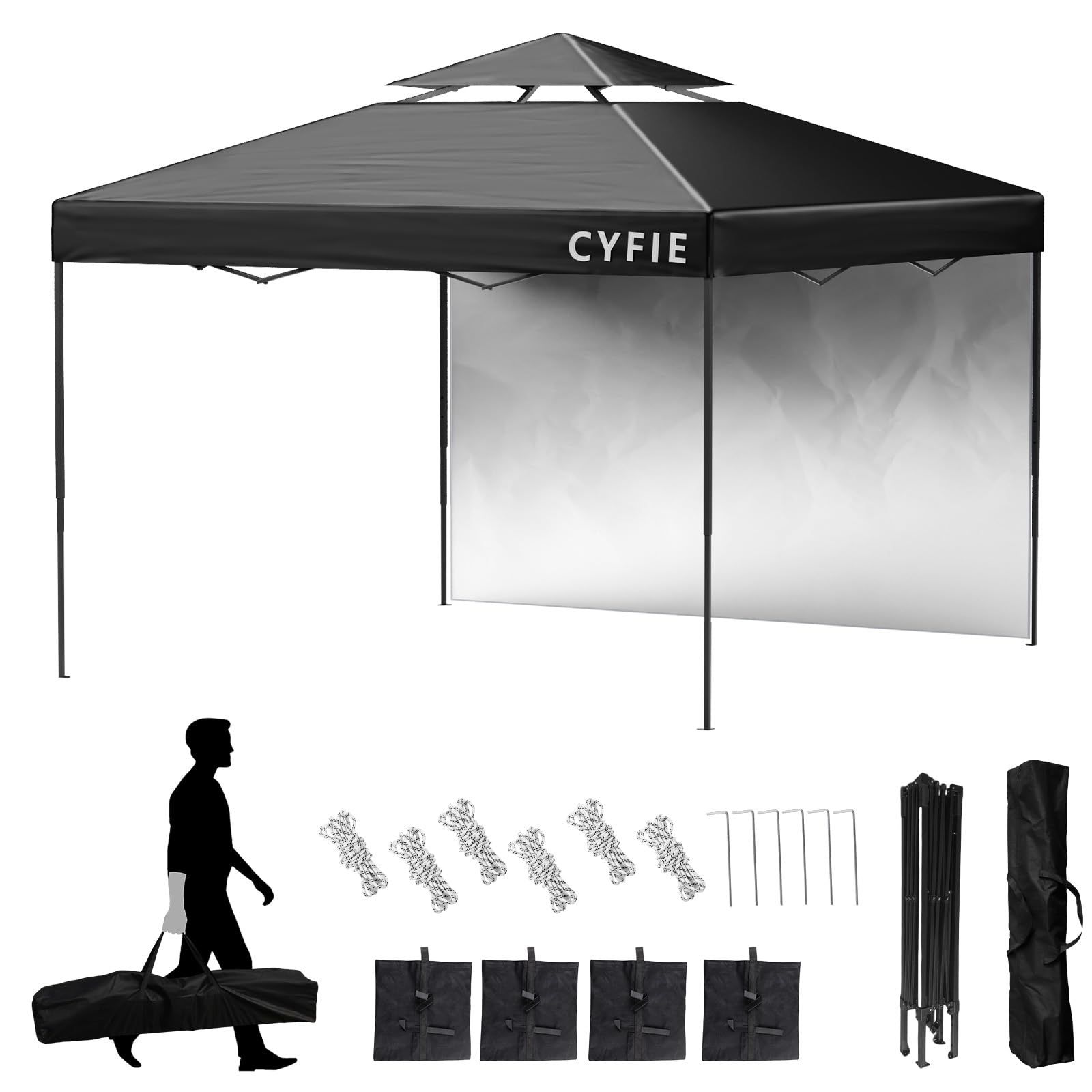 CYFIE タープテント ワンタッチ 3mx3m サイドシート 1枚付き ワンタッチ UVカット 耐水 スチール製 キャンプ ワンタッチテント 遮光 アウトドア用 遮熱 組み立て簡単 イベントテント 運動会 業務用 ブラック 3x3m サイドシート1