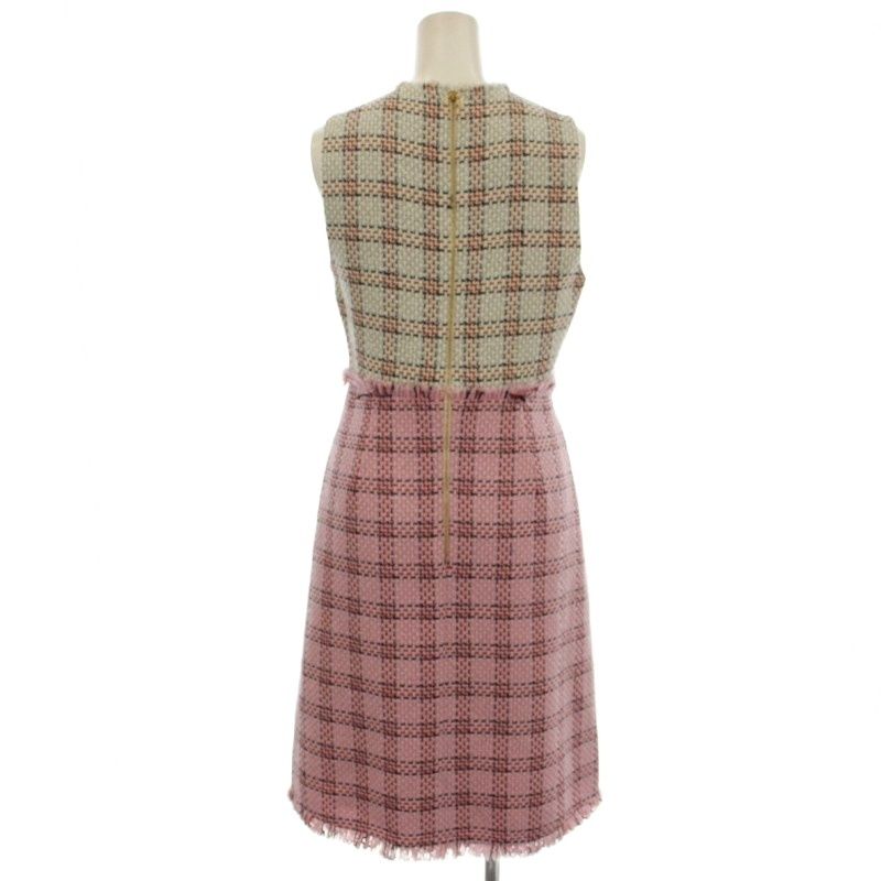 グッチ GUCCI ノースリーブ ツイード ワンピース フリンジ ひざ丈 チェック 36 白 ピンク 432663 G
