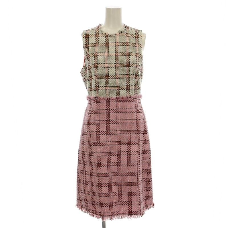 グッチ GUCCI ノースリーブ ツイード ワンピース フリンジ ひざ丈 チェック 36 白 ピンク 432663 G