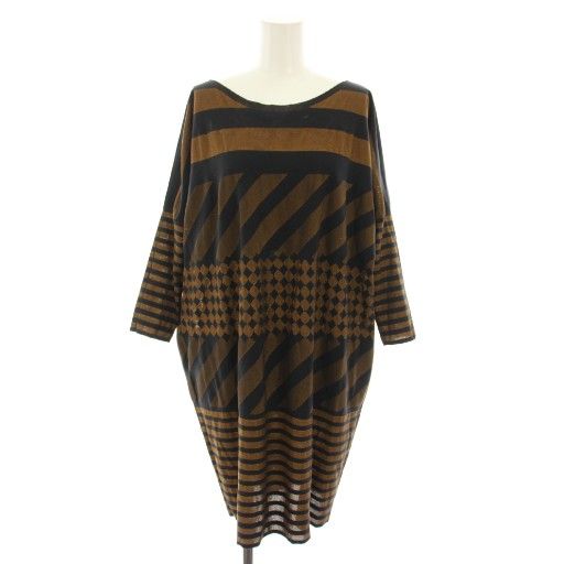 プリーツプリーズ PLEATS PLEASE エイポックインサイド A.POC INSIDE イッセイミヤケ ワンピース ひざ丈 ボートネック 長袖 ボーダー柄 総柄 3 黒 ブラック 茶 ブラウン PP34LT962 YT