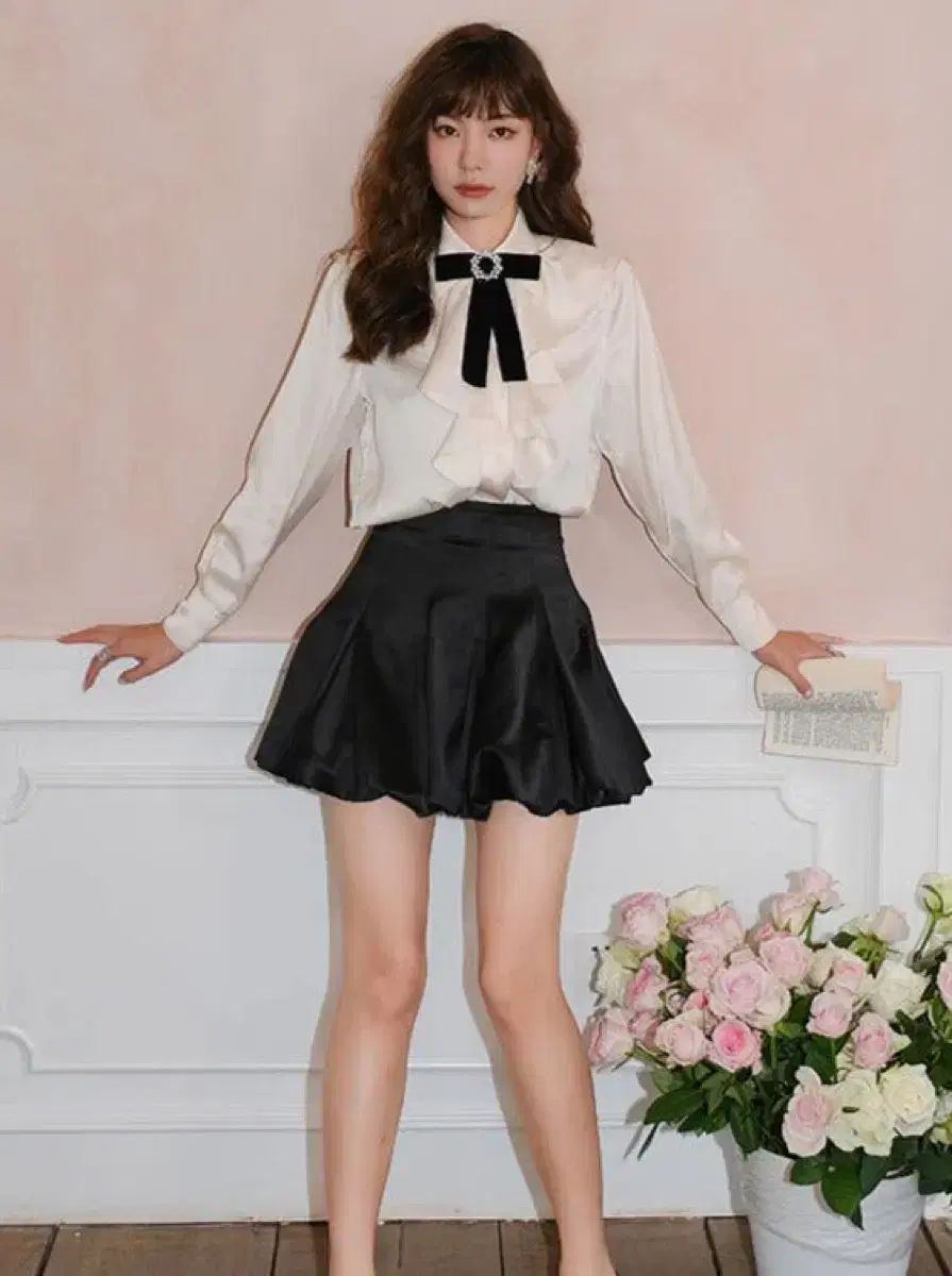 シースルー パーティー衣装 リボン ブラウス ブラック バルーン スカート セット