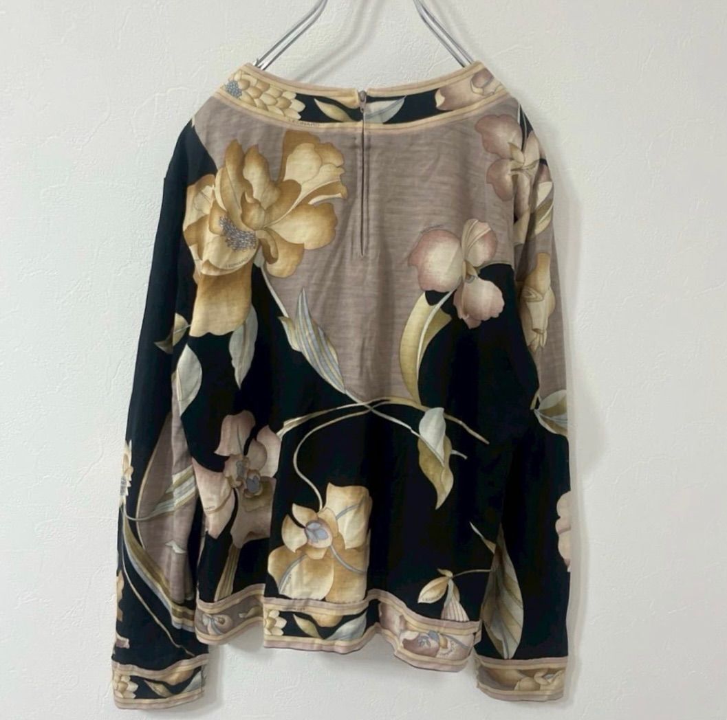 LEONARD レオナール 花柄 長袖カットソー ウール×シルク ニット トップス Lサイズ 黒 ベージュ グレージュ FH 797