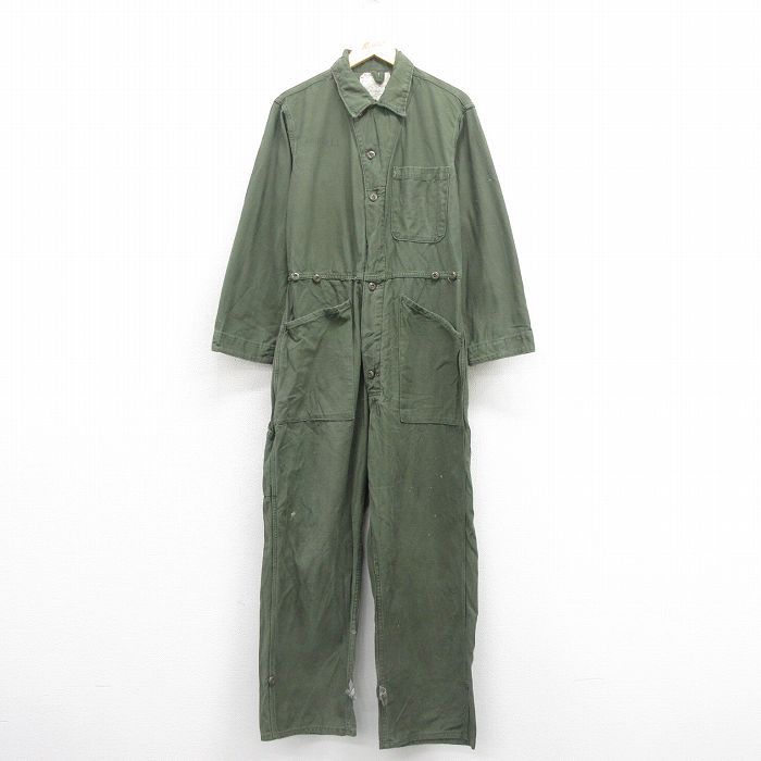 W35 古着 長袖 ミリタリー ベイカー ツナギ メンズ 80s コットン 緑 グリーン 25nov01 オールインワン ボトムス