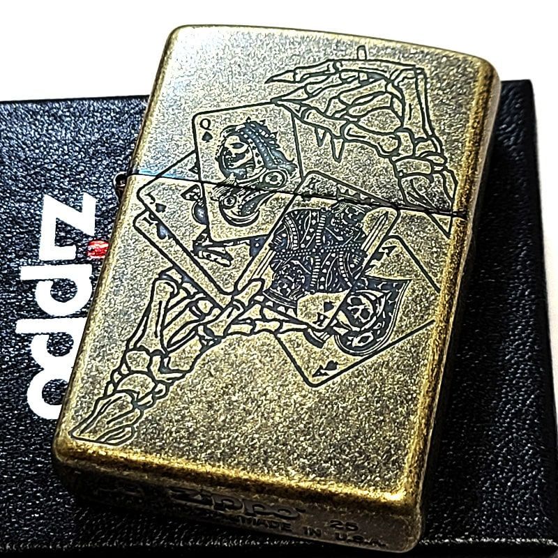 ZIPPO ライター アンティークポーカー おしゃれ 真鍮古美仕上げ ジッポ ゴールド トランプ ブラスバレル ユーズド加工 渋い かっこいい メンズ ギフト プレゼント