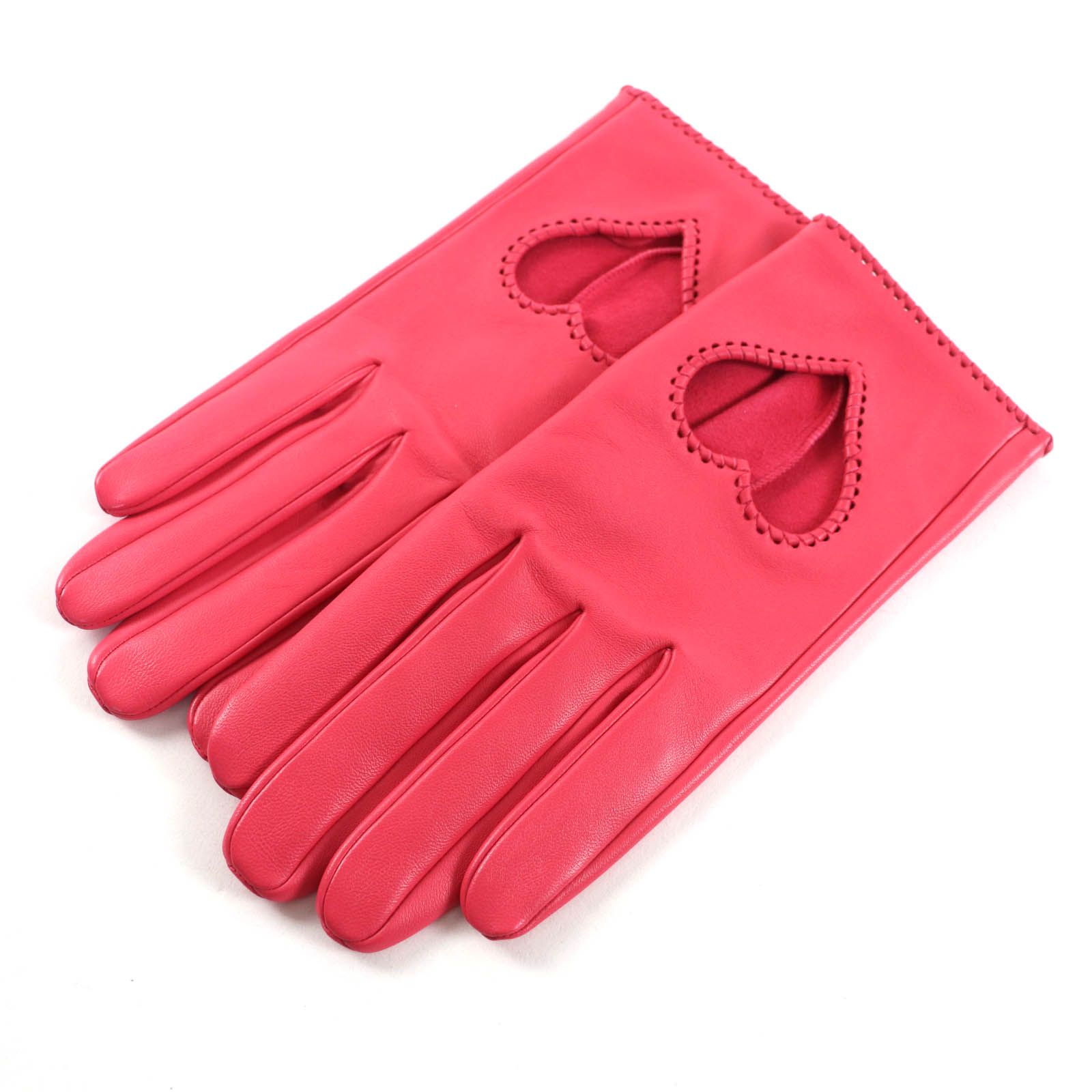 HERMES エルメス ハート ピンク アニョー グラッセ クルード セル セリエ金具付 レザー グローブ 手袋 7.5 き フランス製 レディース