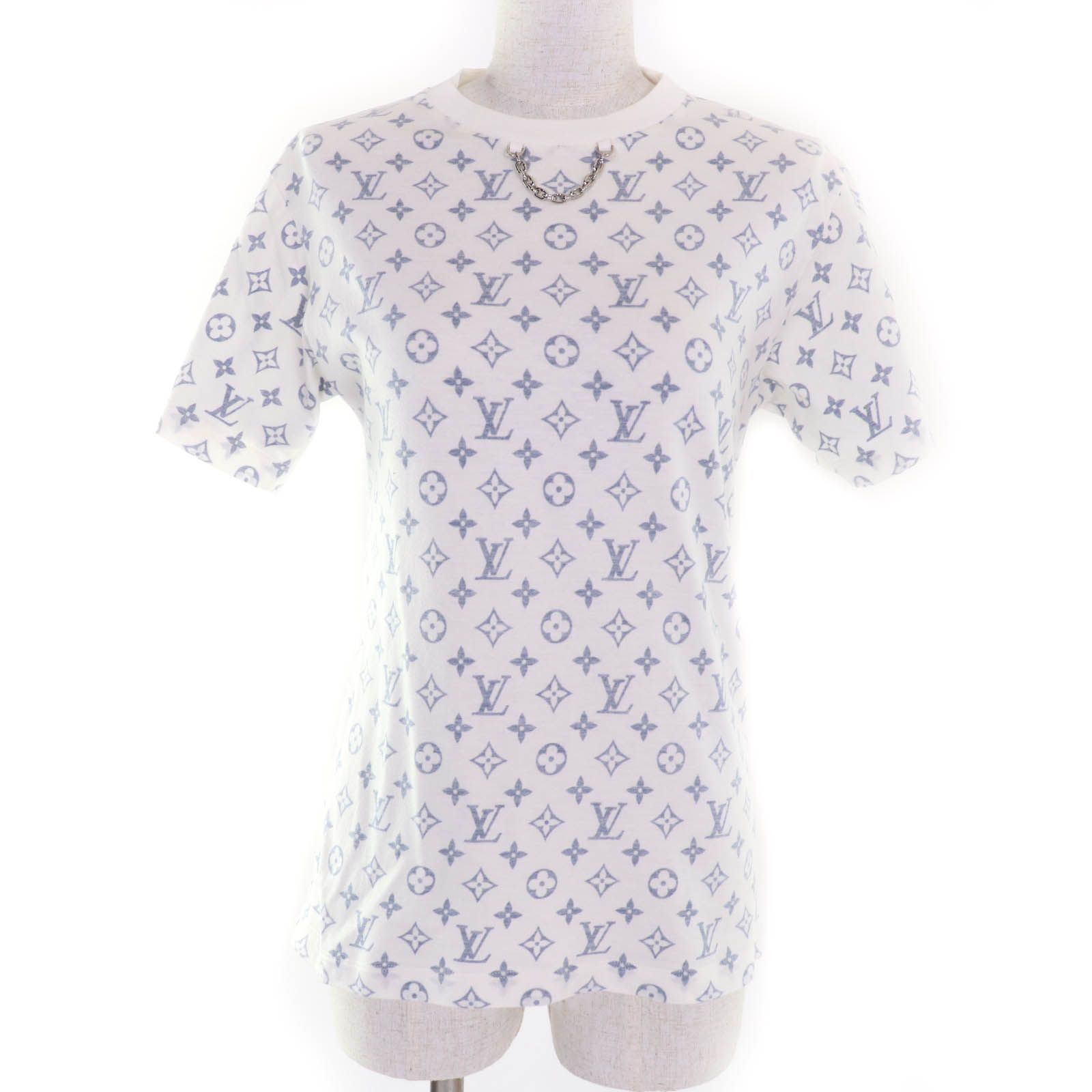 LOUIS VUITTON ルイヴィトン コットン100% モノグラム チェーン装飾 クルーネック 半袖Tシャツ ホワイト ブルー XS イタリア製 レディース