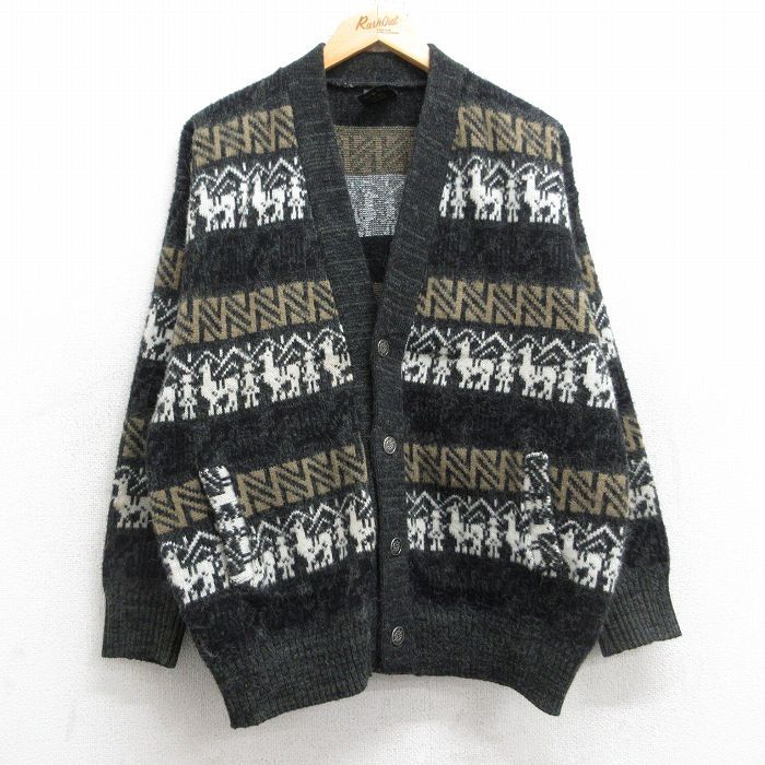 L 古着 TEJIDOS RUMINAHUI 長袖 ニット カーディガン メンズ アルパカ ウール 黒他 ブラック spe 25nov01 トップス
