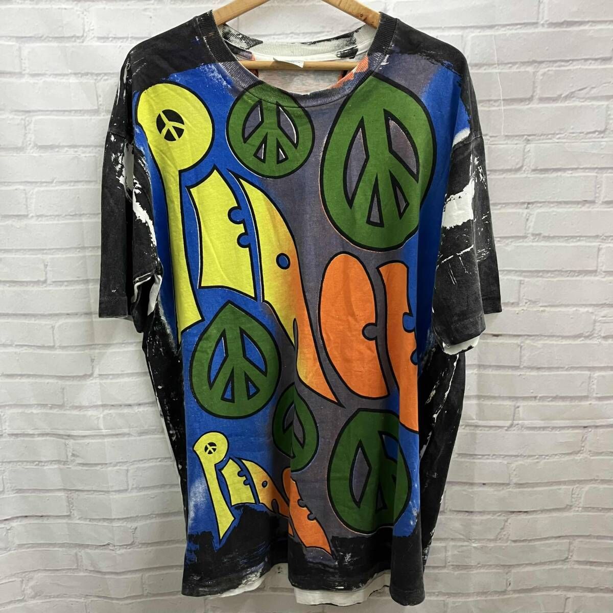 RAGS 72 ラグズ 半袖Tシャツ 総柄 PEACE T-shirt ハンドペイント 古着 サイズXL ブラック