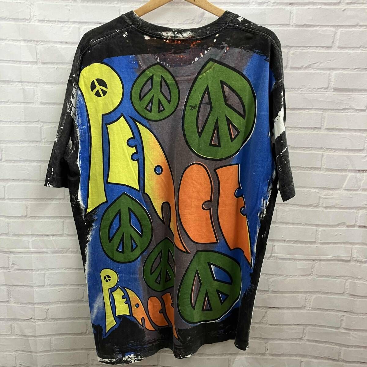 RAGS 72 ラグズ 半袖Tシャツ 総柄 PEACE T-shirt ハンドペイント 古着 サイズXL ブラック
