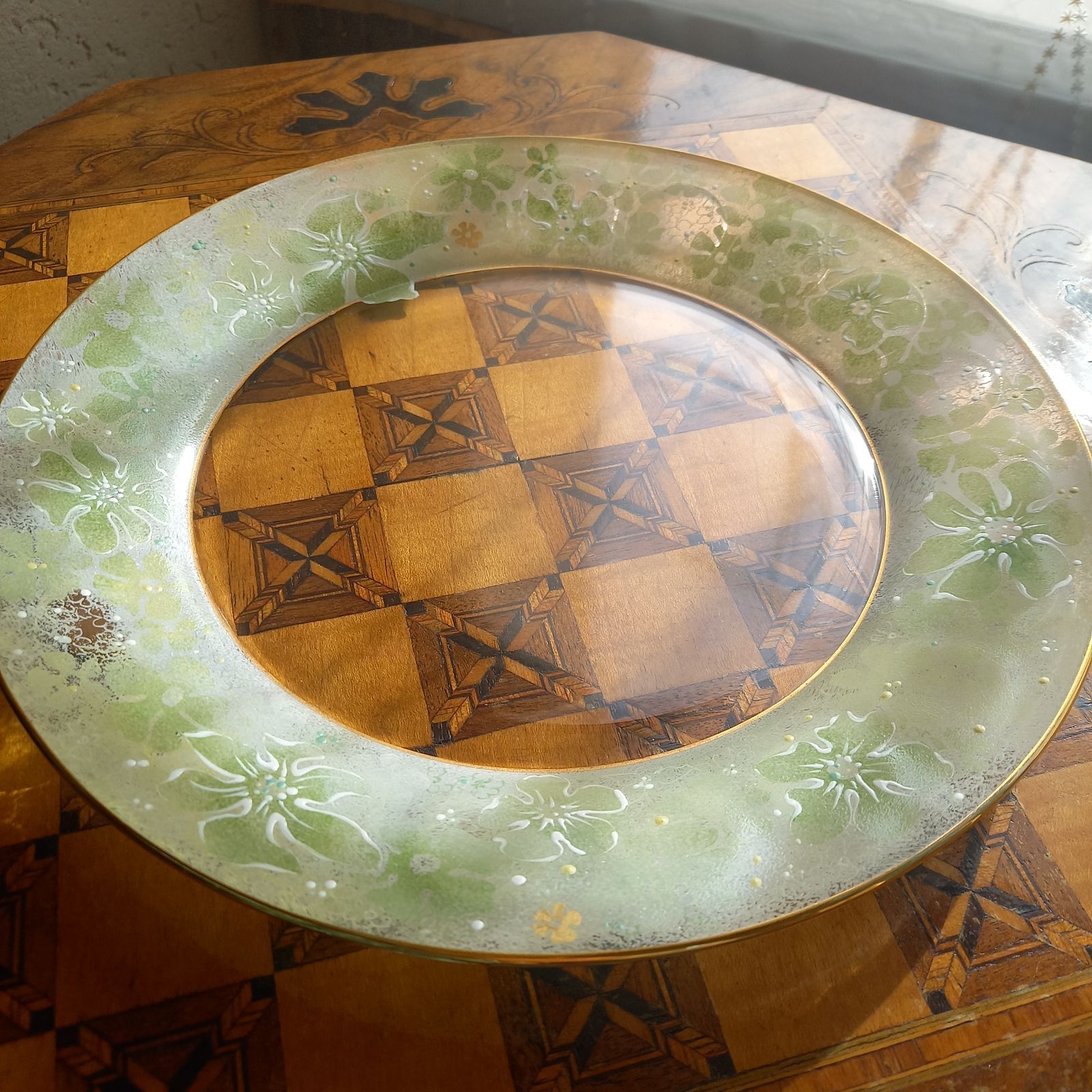 ヴィンテージ ガラス 手描き 皿 絵付け