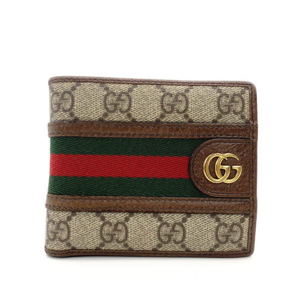 グッチ GUCCI シュプリーム オフィディア コンパクト ウォレット ベージュ×ブラウン PVC レザー ミニ財布 折り財布 7-10-338