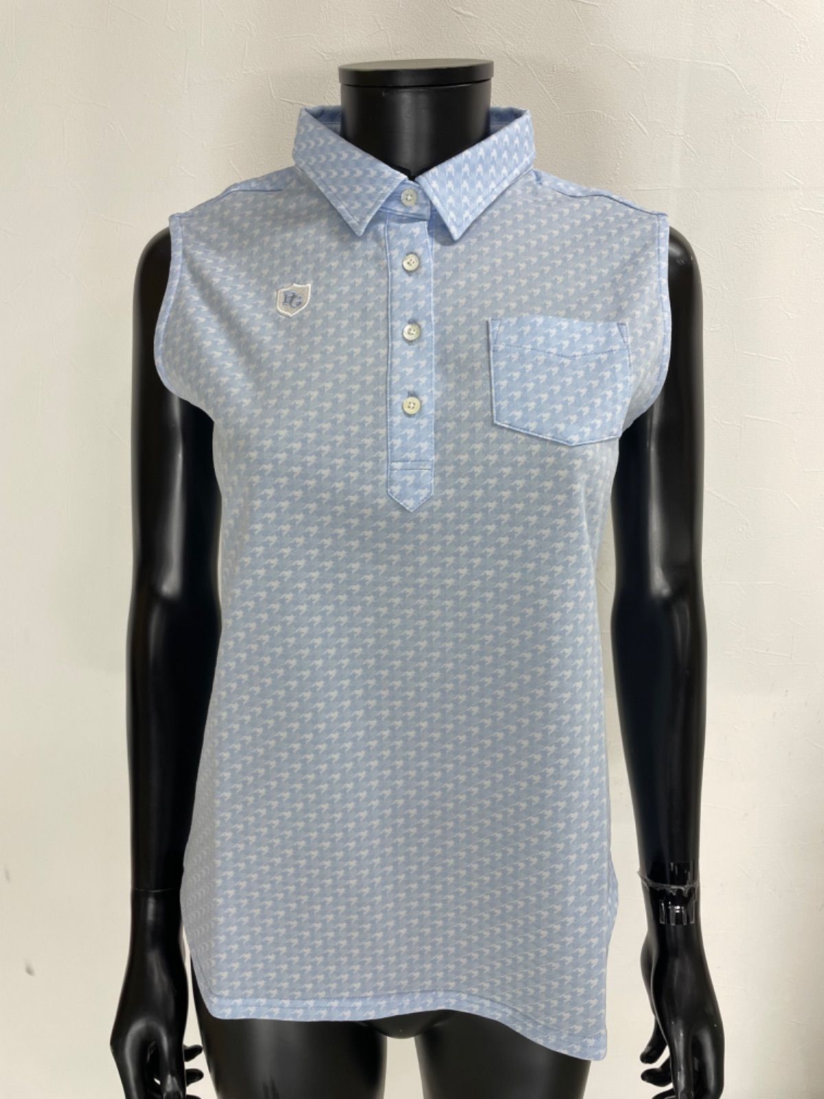 PEARLY GATES パーリーゲイツ ポリエステル ノースリーブ ポロシャツ ロゴ刺繍 千鳥格子 ブルー系 青 レディース 1M ゴルフウェア