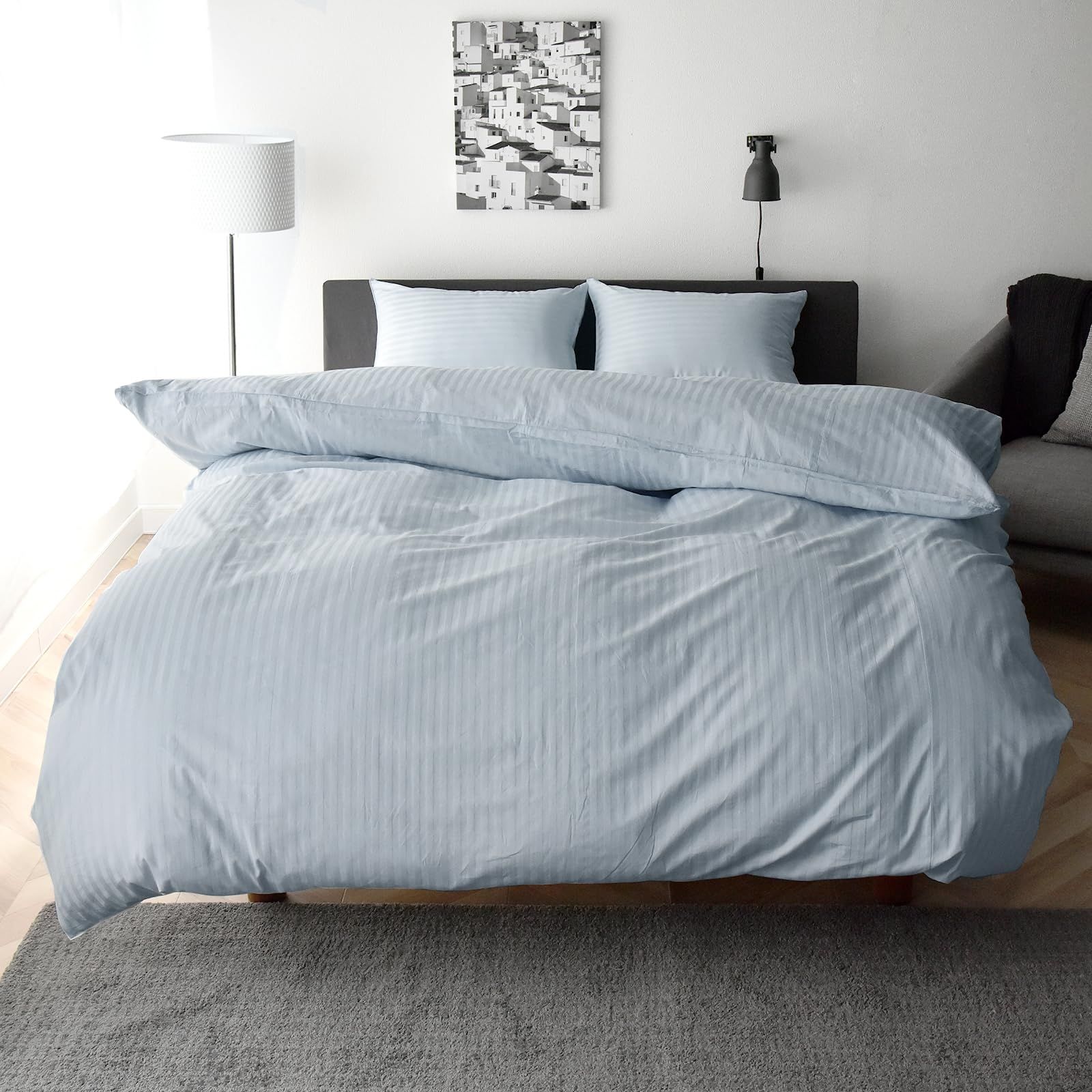 布団カバー セット ダブル 4点セット 防ダニ 綿 サテンストライプ 高密度生地315本 掛け布団カバー ボックスシーツ 枕カバー2枚 北欧 おしゃれ エトワール ダブル シェルブルー