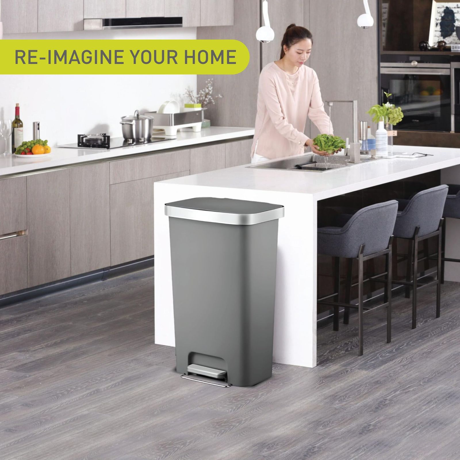 EKO ゴミ箱 ペダル式 ハナ ステップビン グレー 45L ふた付き インナーボックス無し EK6266-45L-GR