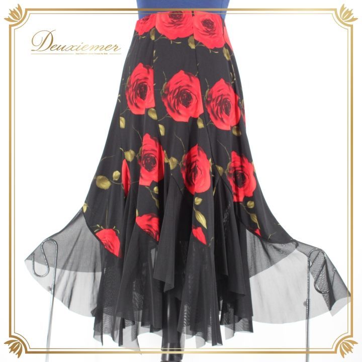 社交ダンス 衣装 スタンダード スカート レッスンウェア 女性用 レディース オールシーズン 赤 黒 花柄 ブラック系 レッド系 レース 薔薇 バラ 練習着 シフォン素材 フレアスカート 動きやす