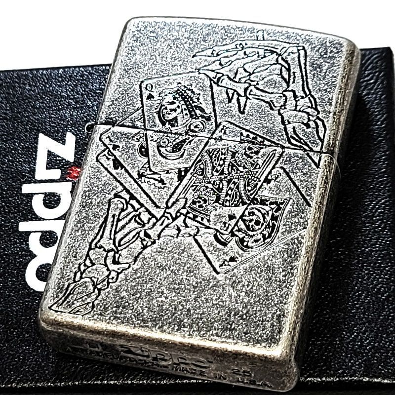 ZIPPO アンティークポーカー トランプ 銀燻しバレル ジッポ ライター ユーズド加工 シルバー 渋い かっこいい メンズ おしゃれ ギフト プレゼント
