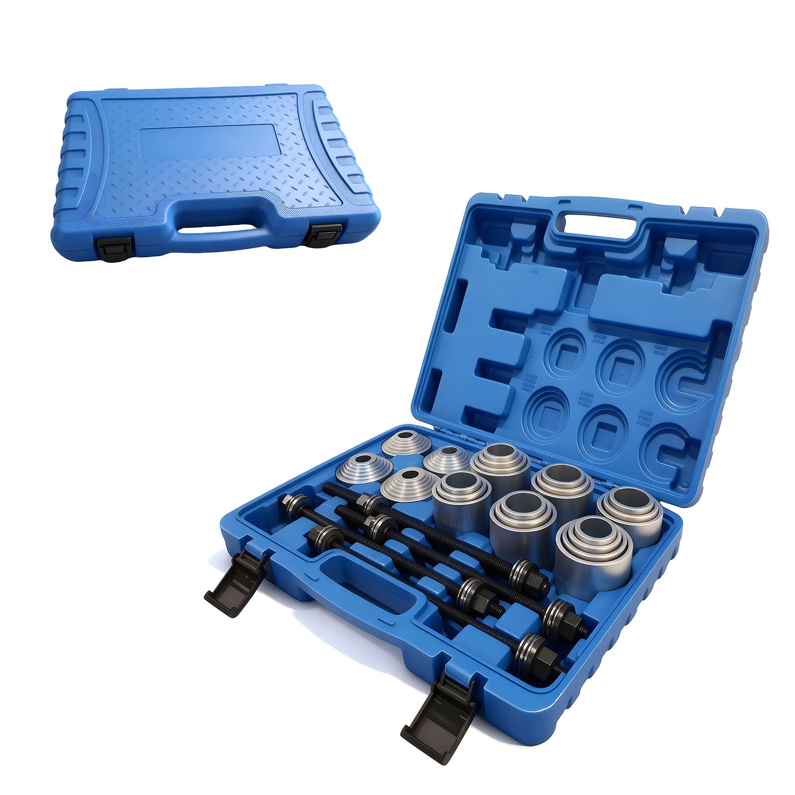 プルスリーブキット 28 点セット 油圧プレス SST特殊工具 汎用 ブッシュ ベアリング マウント 脱着 圧入 交換 ハブベアリング 治具 自動車鉄スリーブブッシュ取り付け 取り外しツール 全車種対応 カーボン鋼製 電気メッキ処理 耐久性 高硬度 55