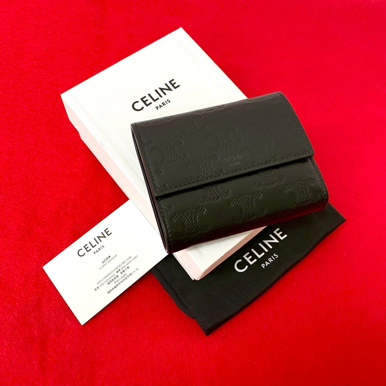 箱 袋付き CELINE セリーヌ スモール トリフォールド ウォレット レザー 本革 三つ折り 財布 札入れ 小銭入れ ブラック 31498