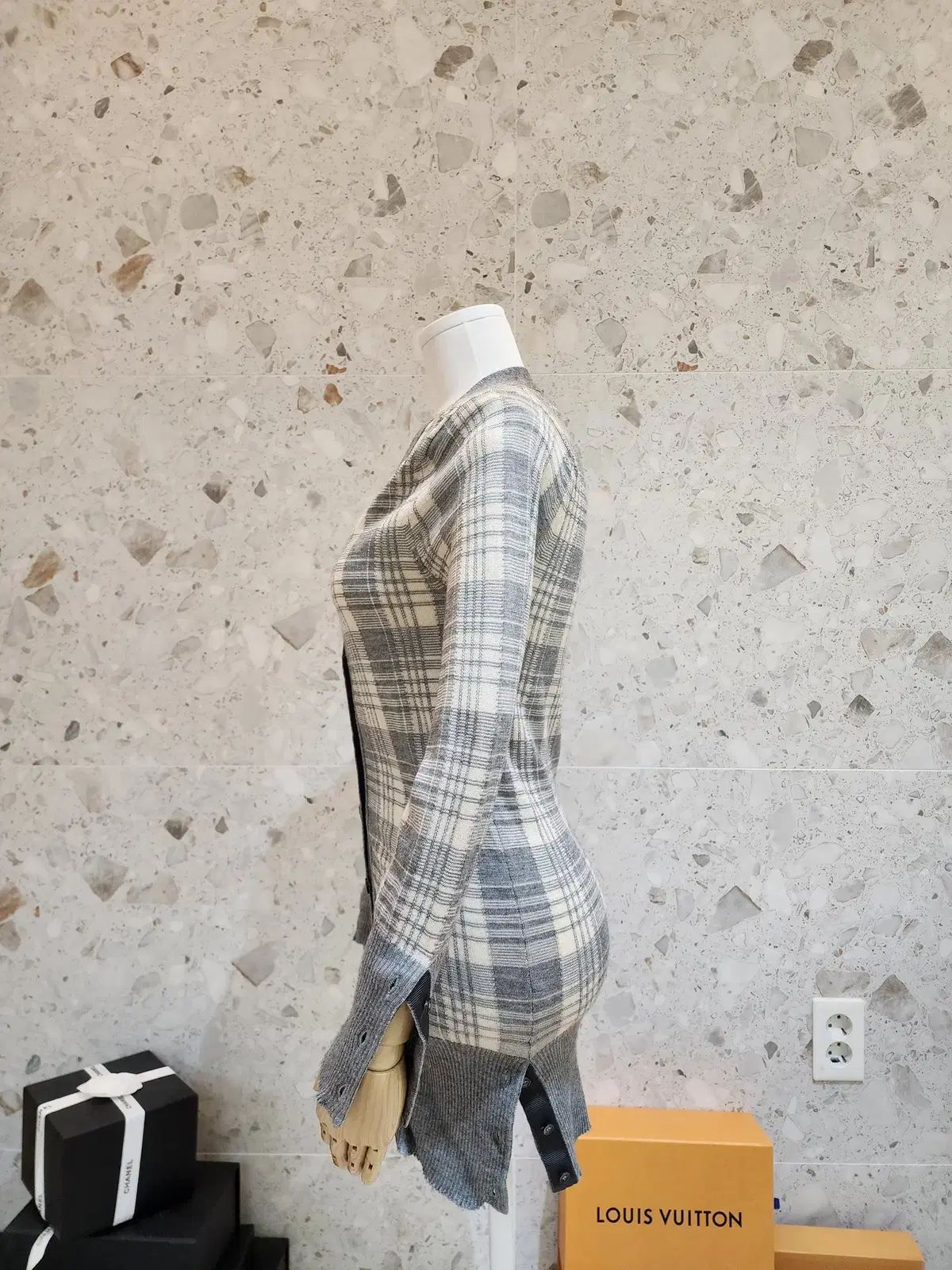 トム ブラウン グレー CHECK ロング カーディガン