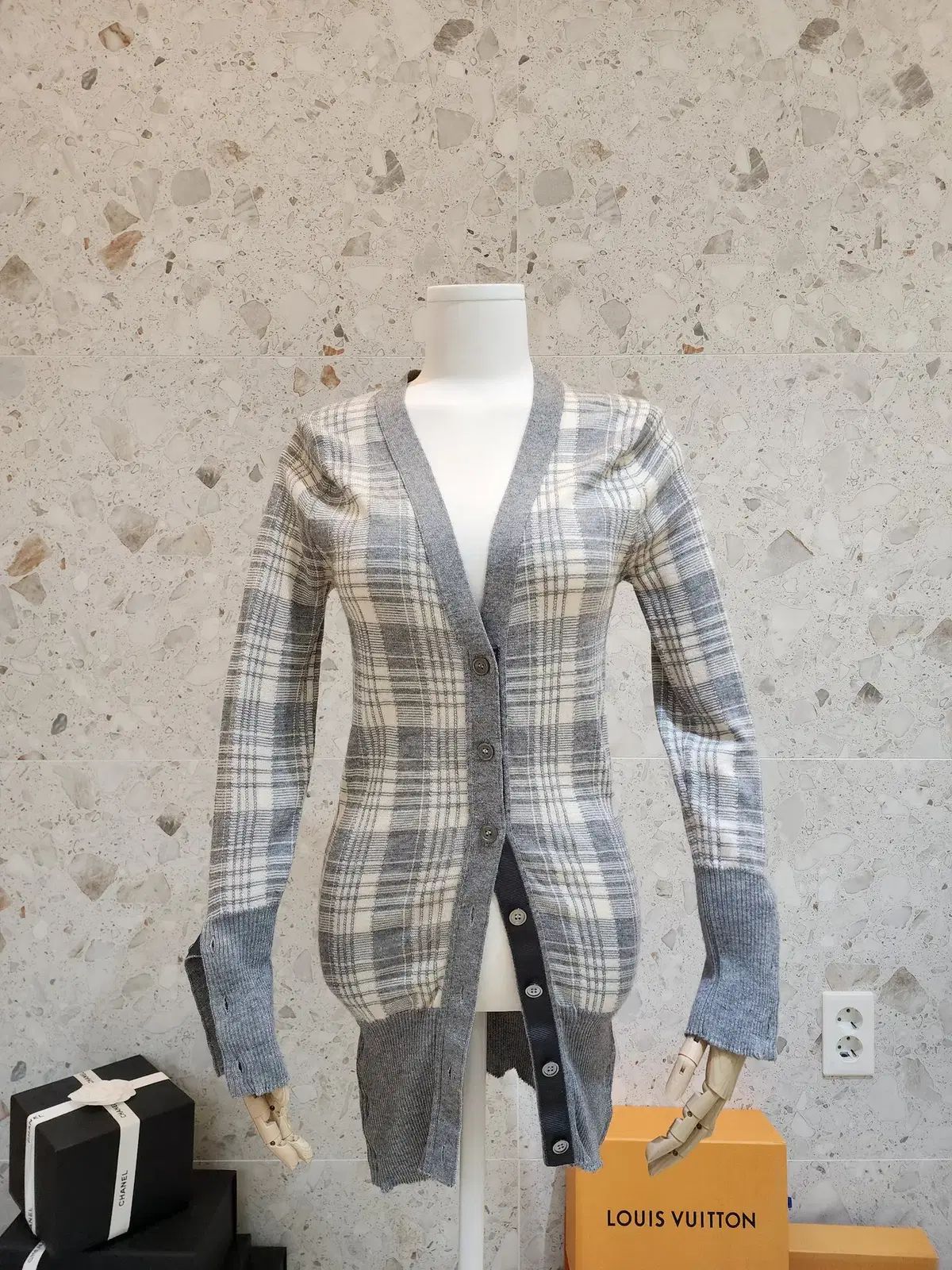 トム ブラウン グレー CHECK ロング カーディガン