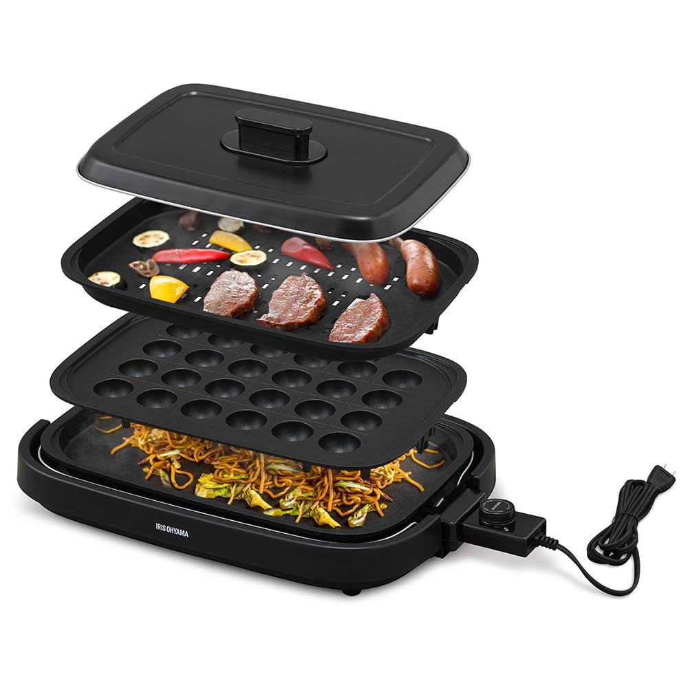 アイリスオーヤマ IRIS OHYAMA ホットプレート ブラック 網焼き風ホットプレート 3枚焼き シンプル 焼肉 たこ焼き IHA-A30-B